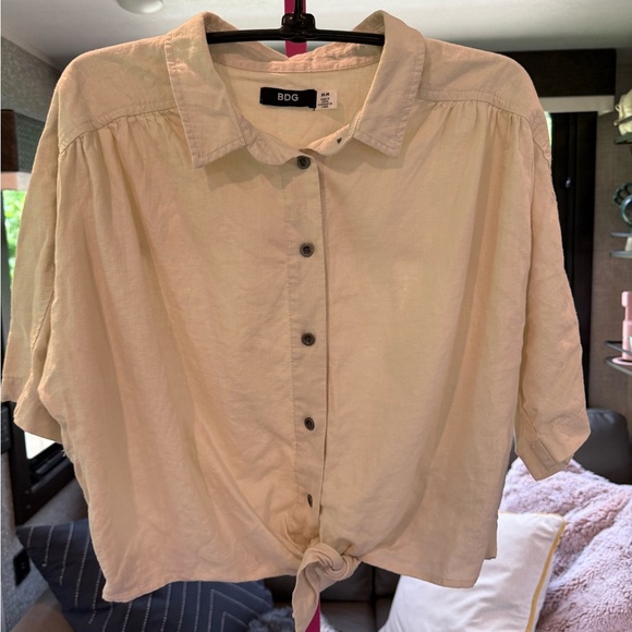 BDG Tops - BDG Tan and Cream Dolman Sleeve Button Down Shirt
